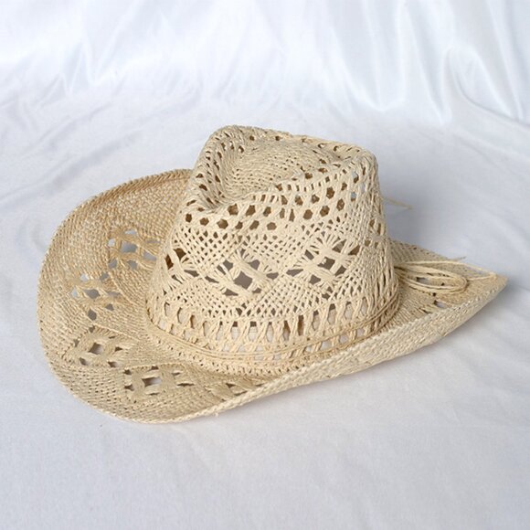 Syrios Gifts Accessories - Beige Western Cowboy Cowgirl Straw Hat Sun Summer Beach Party Rodeo, Womens Mens
